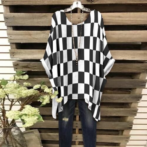 Checkered All-Over Print Women's Bat Sleeve Shirt