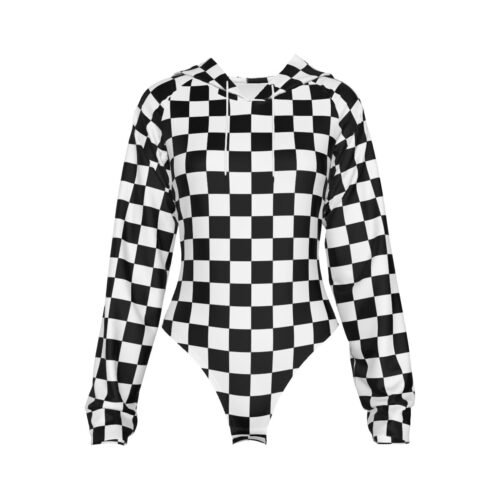 Checkered All-Over Print Women's Raglan Sleeve Hooded Bodysuit