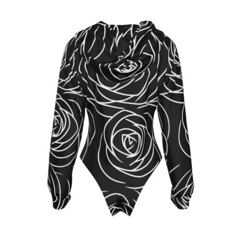 Black Floral All-Over Print Women's Raglan Sleeve Hooded Bodysuit - Image 2