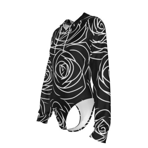 Black Floral All-Over Print Women's Raglan Sleeve Hooded Bodysuit - Image 4