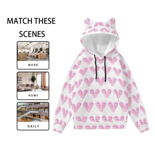 Pink Love Heart All-Over Print Women’s Hoodie With Decorative Ears - Image 3