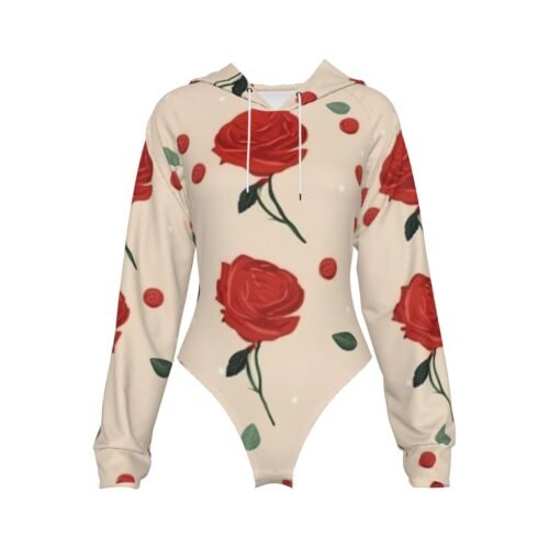 Red Rose All-Over Print Women's Raglan Sleeve Hooded Bodysuit