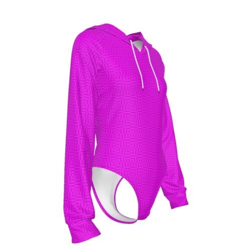 Bright Magenta All-Over Print Women's Raglan Sleeve Hooded Bodysuit - Image 3