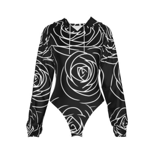 Black Floral All-Over Print Women's Raglan Sleeve Hooded Bodysuit