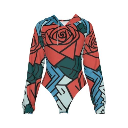 Red and Blue Floral All-Over Print Women's Raglan Sleeve Hooded Bodysuit