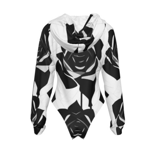 Black Rose All-Over Print Floral Women's Raglan Sleeve Hooded Bodysuit - Image 2