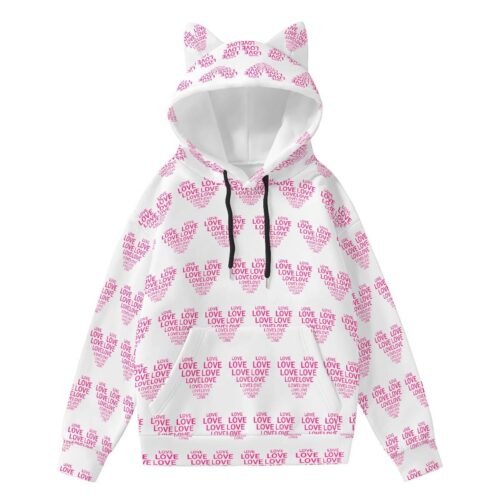 Pink Love Heart All-Over Print Women’s Hoodie With Decorative Ears