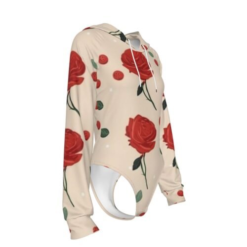 Red Rose All-Over Print Women's Raglan Sleeve Hooded Bodysuit - Image 3