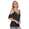 All-Over Print Women's Black Cold Shoulder T-shirt With Criss Cross Strips - Image 2