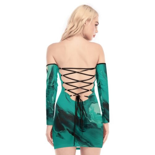 Dark Aqua Waves Sexy off-shoulder tube top dress - Image 2