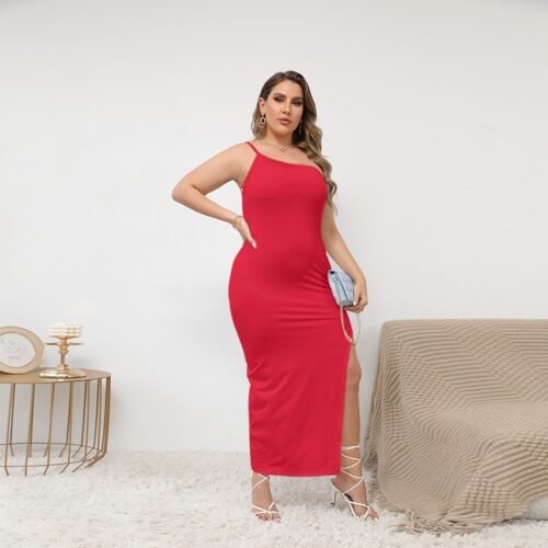 Red Women's Oblique-Shoulder Exposure Dress With Side Split (Plus Size) - Image 2