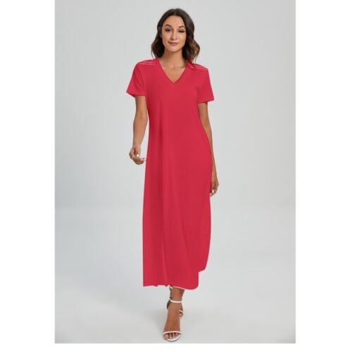 Red Women's V-neck Dress With Side Slit