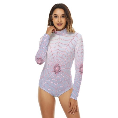 Spider Web White Long Sleeve Sweater Bodysuit with Turtleneck - Image 2