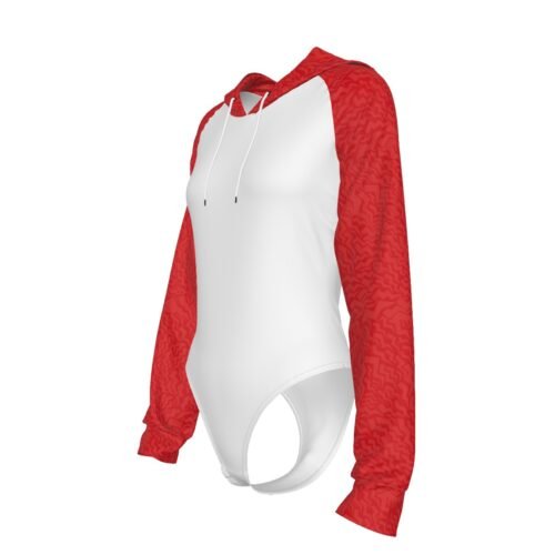 Red Sleeve Women's White Raglan Sleeve Hooded Bodysuit - Image 4