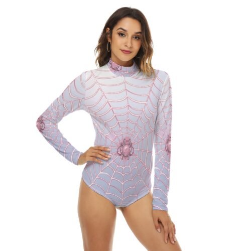 Spider Web White Long Sleeve Sweater Bodysuit with Turtleneck - Image 3