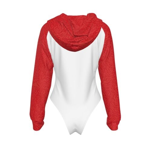 Red Sleeve Women's White Raglan Sleeve Hooded Bodysuit - Image 2