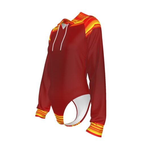 Red Yellow Women's Raglan Sleeve Hooded Bodysuit - Image 4