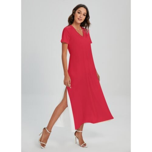 Red Women's V-neck Dress With Side Slit - Image 2