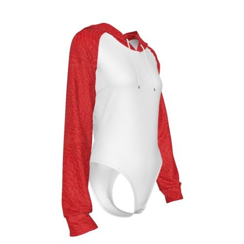 Red Sleeve Women's White Raglan Sleeve Hooded Bodysuit - Image 3