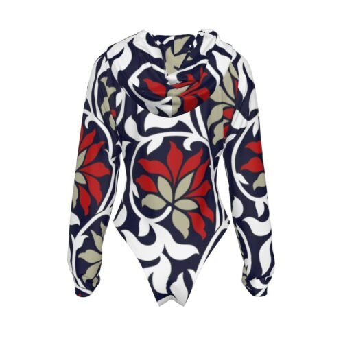 Black and Red Floral Women's Raglan Sleeve Hooded Bodysuit - Image 2