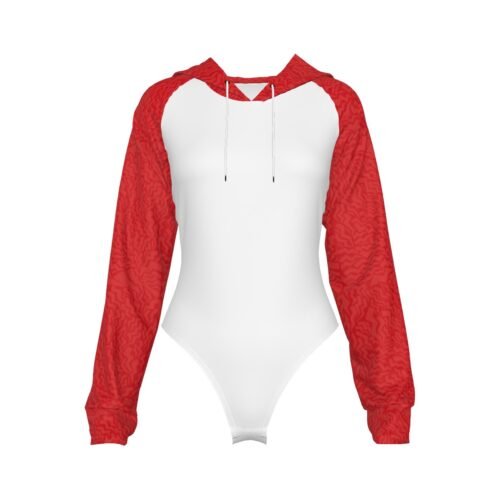 Red Sleeve Women's White Raglan Sleeve Hooded Bodysuit