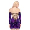 Purple All-Over Print Women's Off-shoulder Back Lace-up Dress - Image 4