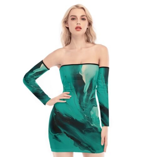 Dark Aqua Waves Sexy off-shoulder tube top dress - Image 3