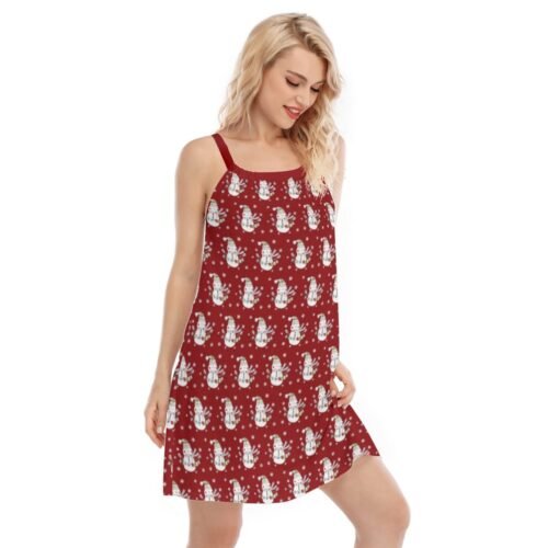 Christmas Snowman Print Women's Sleeveless Red Cami Dress