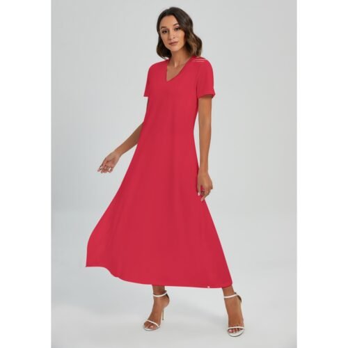 Red Women's V-neck Dress With Side Slit - Image 3