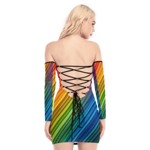 Rainbow Stripes Women's Off-shoulder Back Lace-up Dress - Image 4